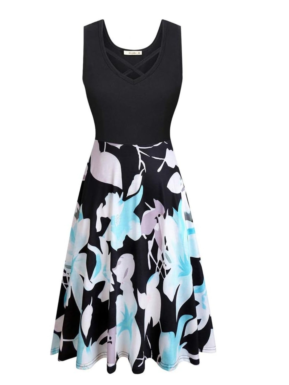 Black & Navy Floral Sleeveless Fit-and-Flare Midi Dress